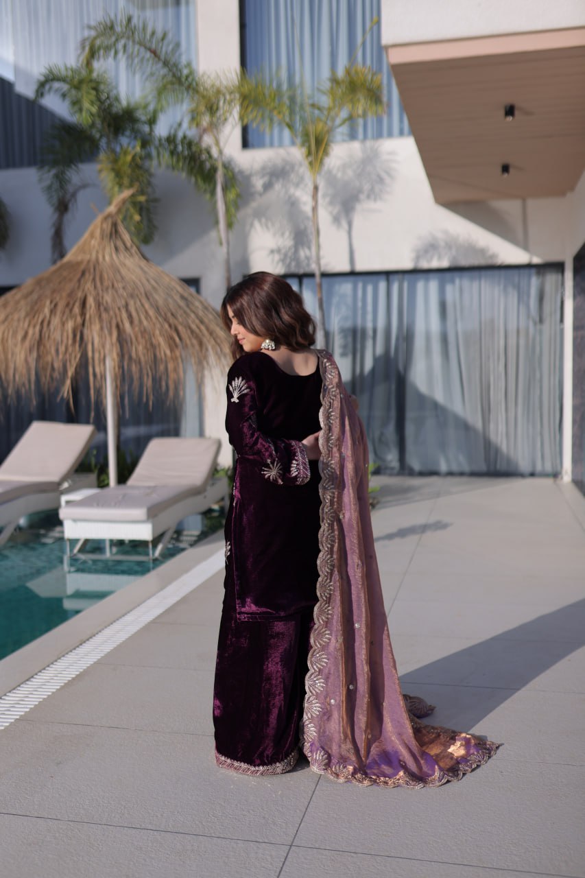 Elegant Ice Velvet Palazzo Set with Rich Zari Embroidery Kurta Set