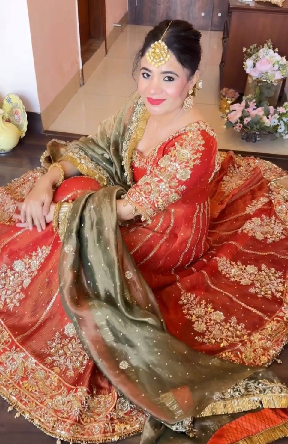 Bridal Orange Embroidered Anarkali Lehenga Set with Designer Dupatta