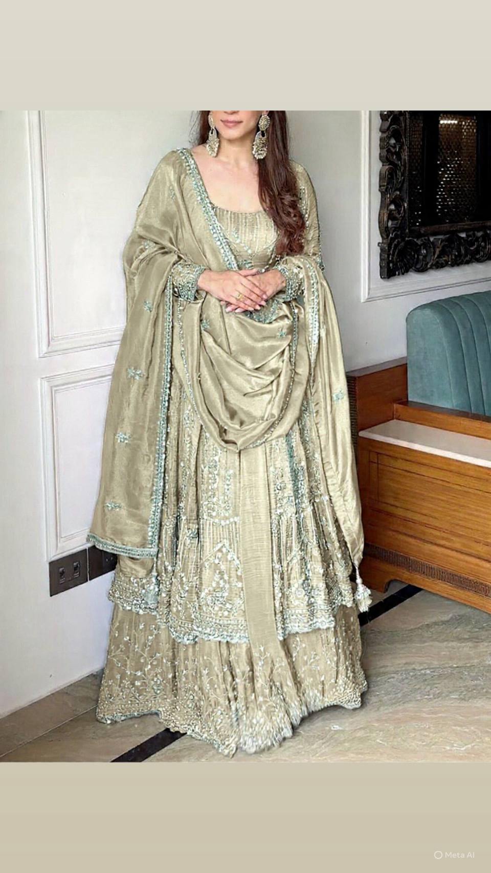Dusty Anarkali Suit – Tissue Fabric with Zari Sequin Embroidery Work