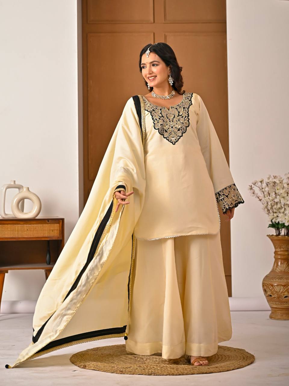 Regal Ivory Ethnic Set with Black & Gold Embroidery