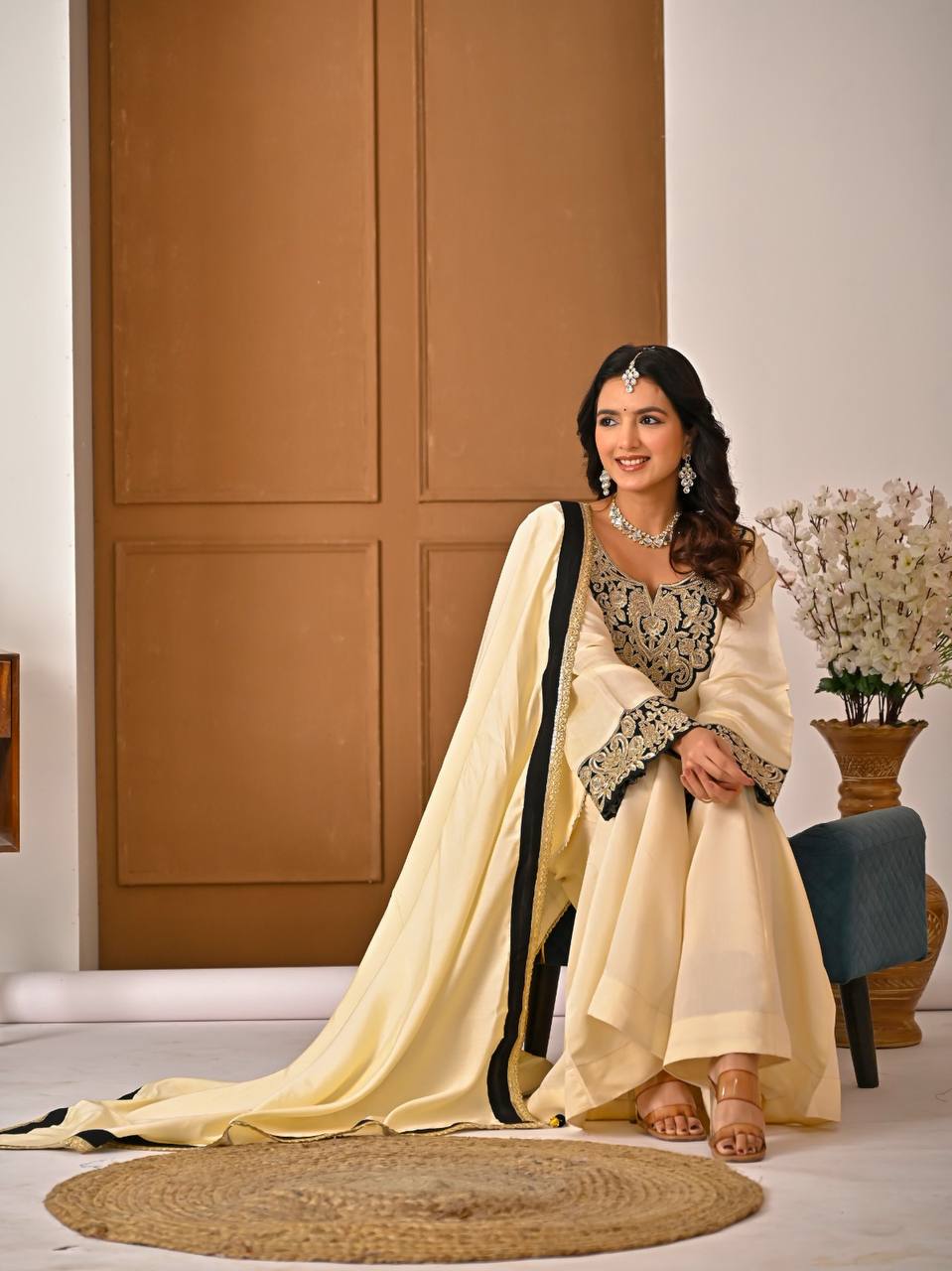 Regal Ivory Ethnic Set with Black & Gold Embroidery