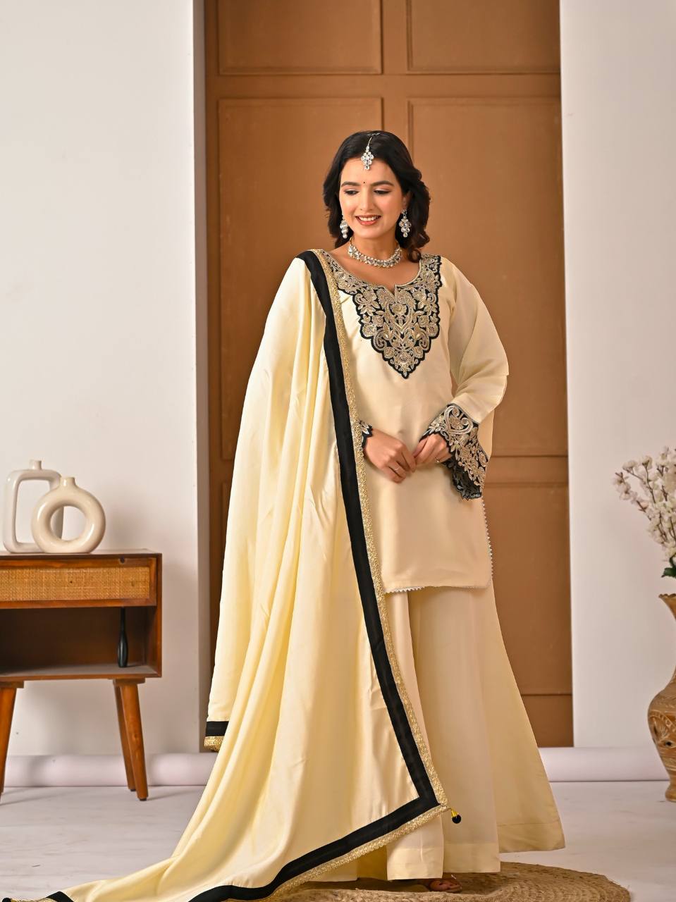 Regal Ivory Ethnic Set with Black & Gold Embroidery