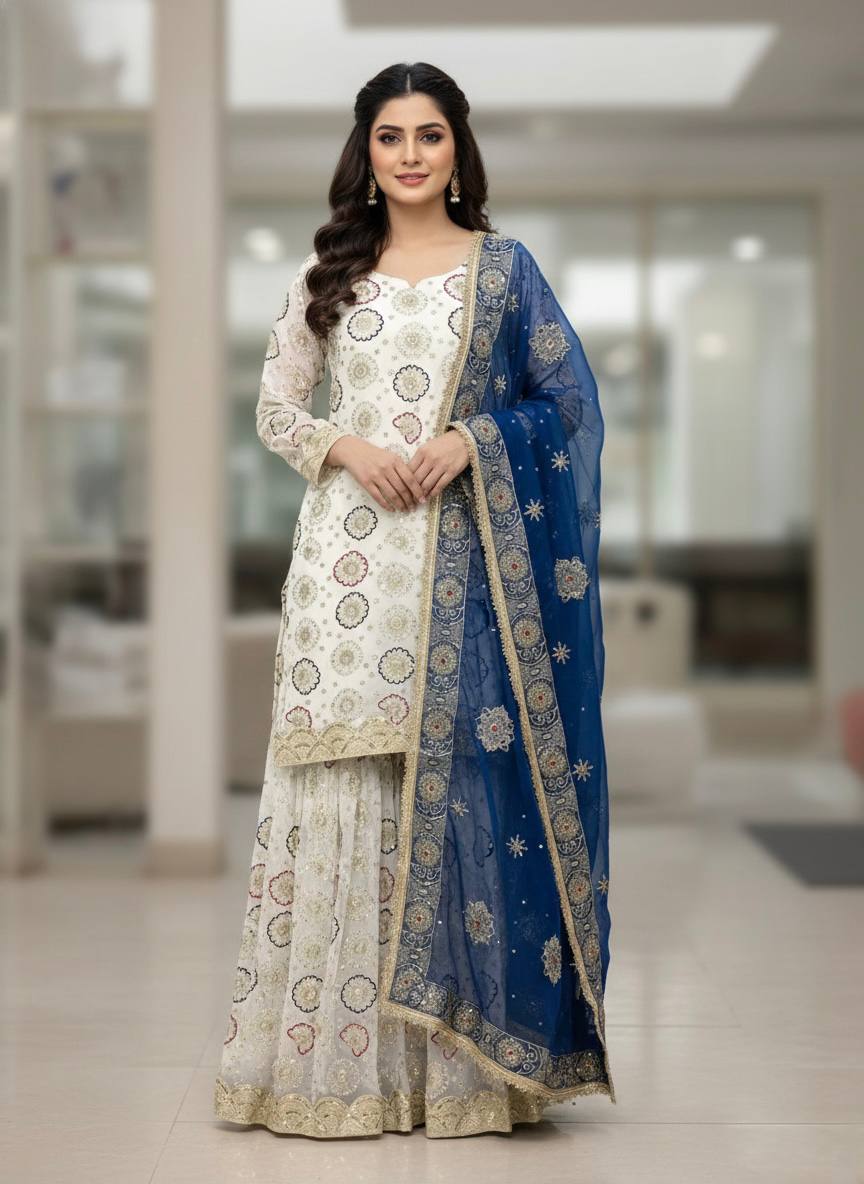 Royal Embroidered Kurta Sharara Set with Contrast Dupatta