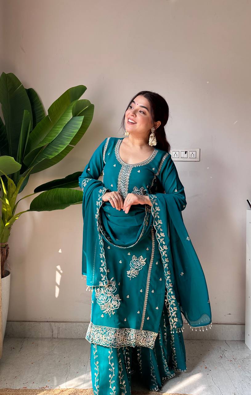 Fox Georgette Sequin Embroidered Kurti Gharara Set with Dupatta