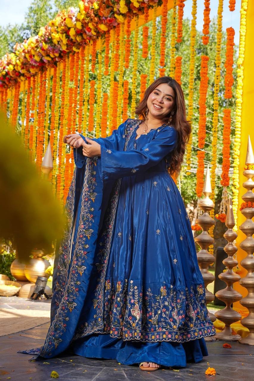 Heavy Silk Sequin Embroidered Gown Plazzo Set with Dupatta