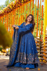 Heavy Silk Sequin Embroidered Gown Plazzo Set with Dupatta