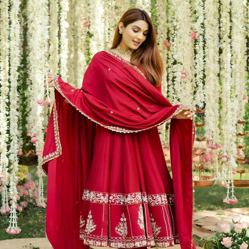 Red Designer Partywear Anarkali Set