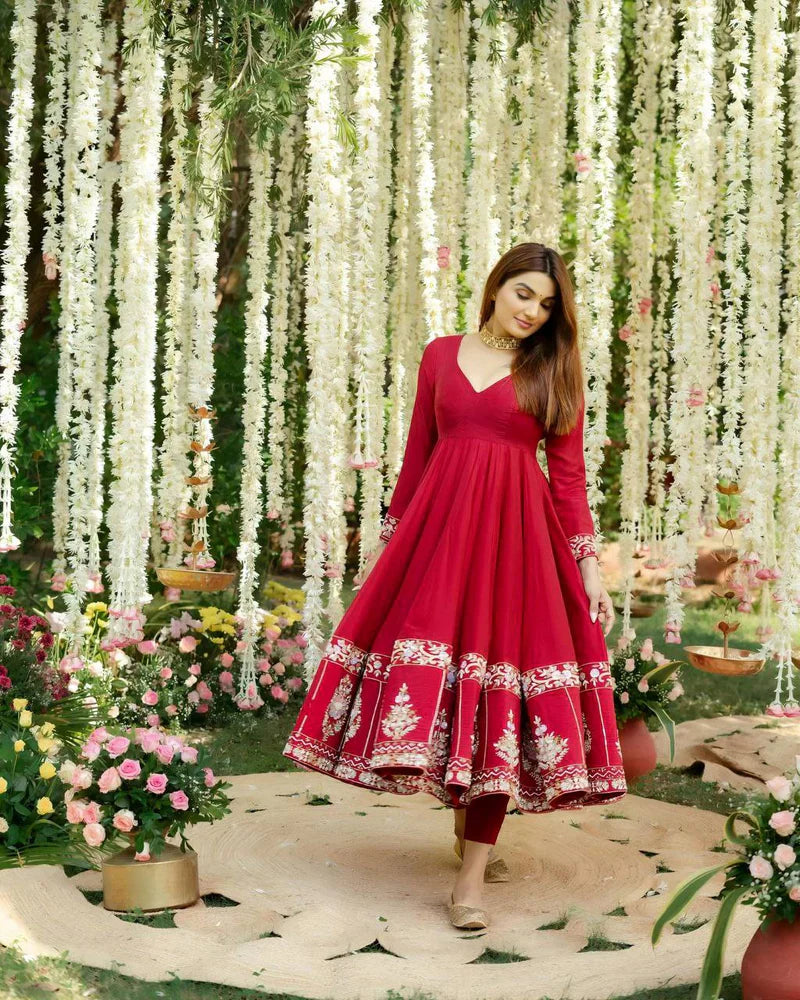 Red Designer Partywear Anarkali Set