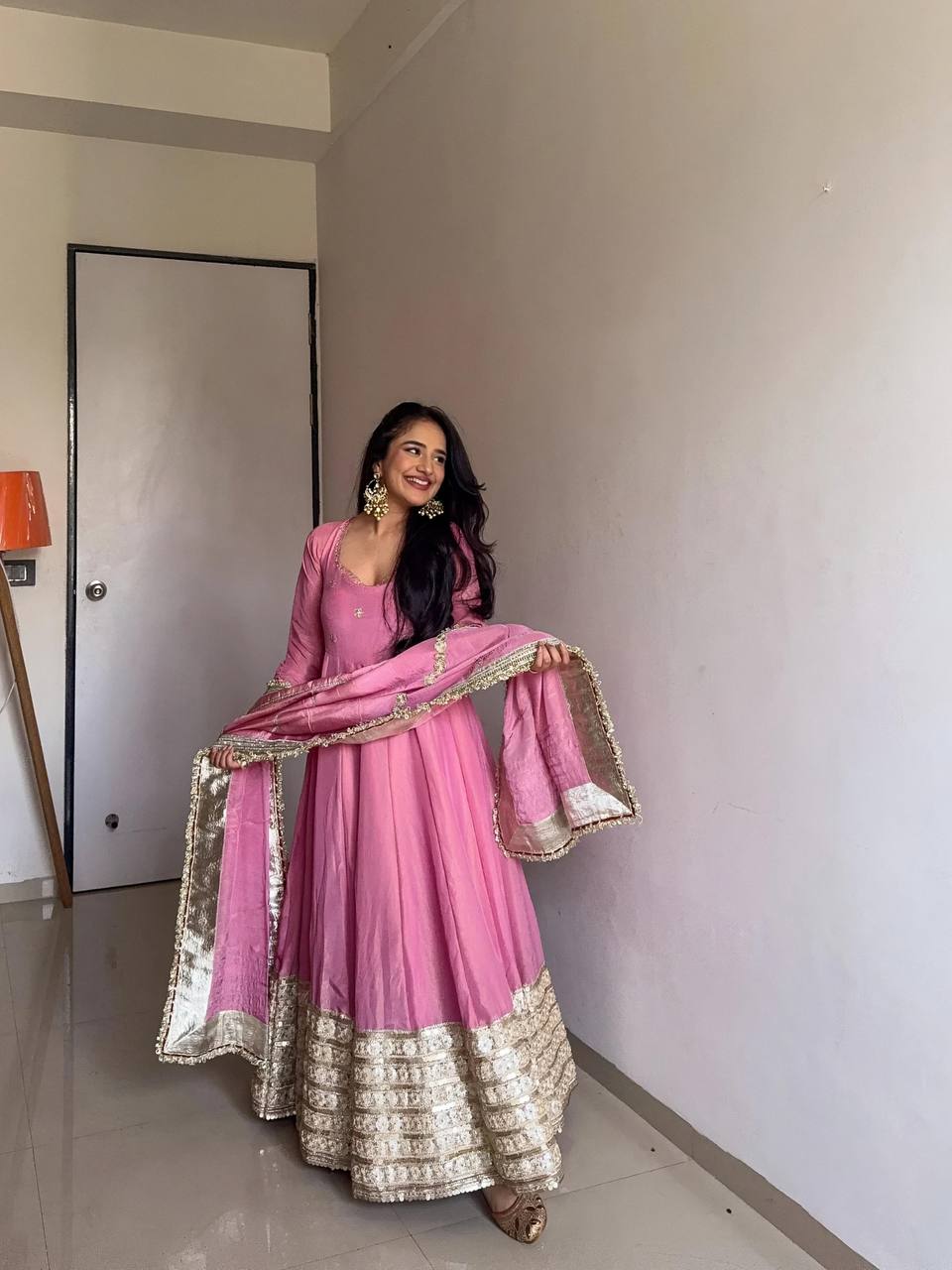 Pink Color Partywear Vichitra Silk Designer Anarkali Gown