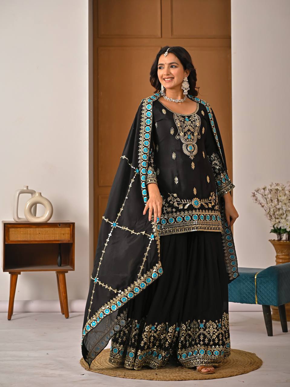 Heavy NC Vichitra Silk Top Sharara Palazzo Set with 5mm Sequence Embroidery and Dupatta
