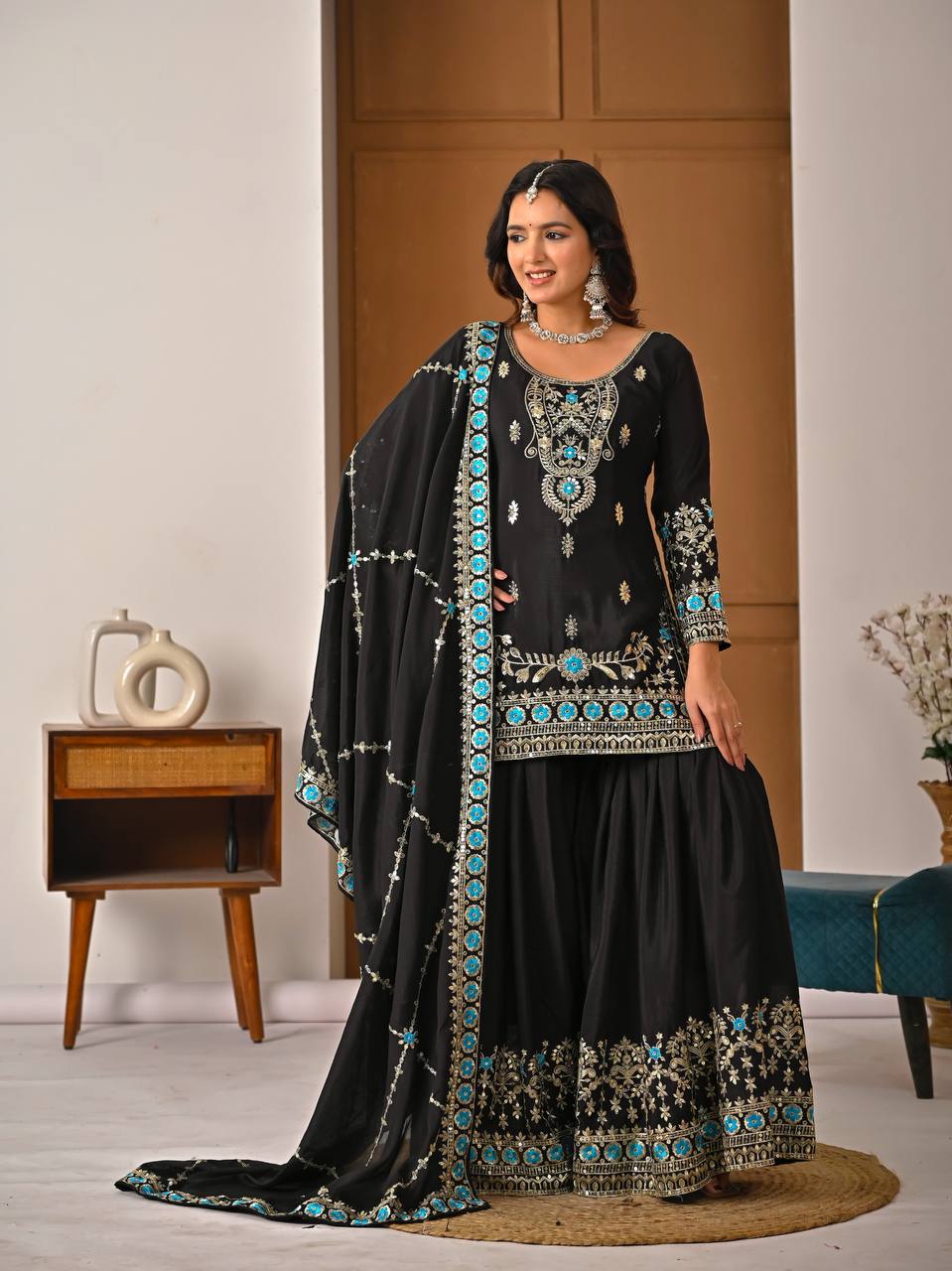 Heavy NC Vichitra Silk Top Sharara Palazzo Set with 5mm Sequence Embroidery and Dupatta