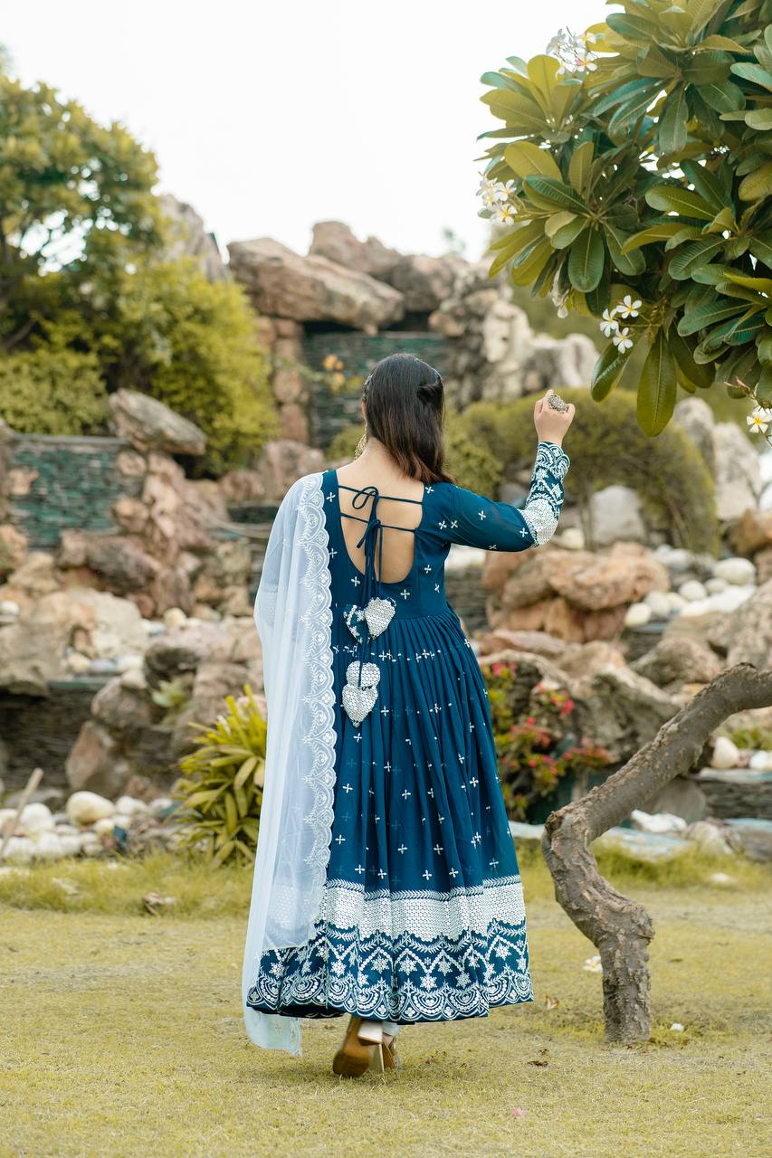 New Partywear Blue Color Faux Georgette Anarkali Suit Set