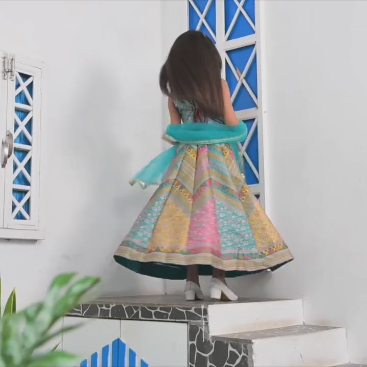 Multicolor Peacock Printed Lehenga Choli Set For Girls