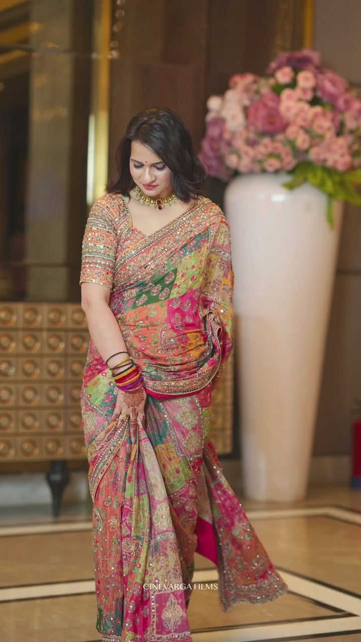 Multicolor Chinon Silk Printed Mirror Work Saree