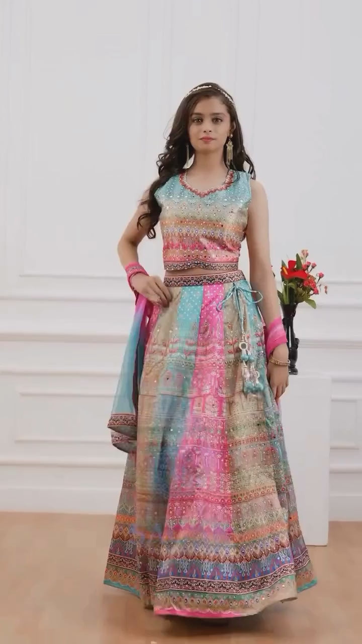 Girls Embellished Mirror Work Ready to Wear Lehenga & Blouse With Dupatta