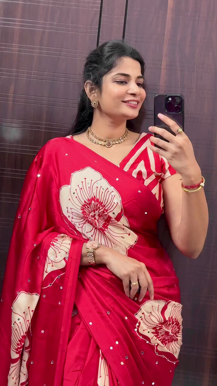 Beautiful Red Satin Saree with Floral Print with Real Mirror Work
