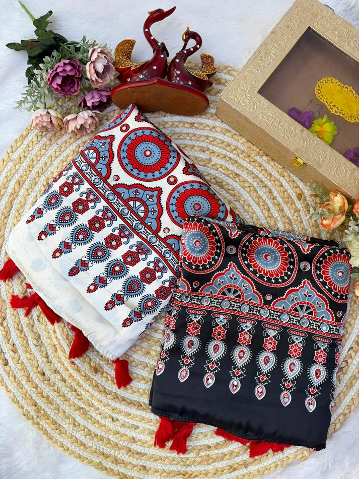 Printed Saree with Traditional Floral Motifs, Heritage Border & Tassel Detailing